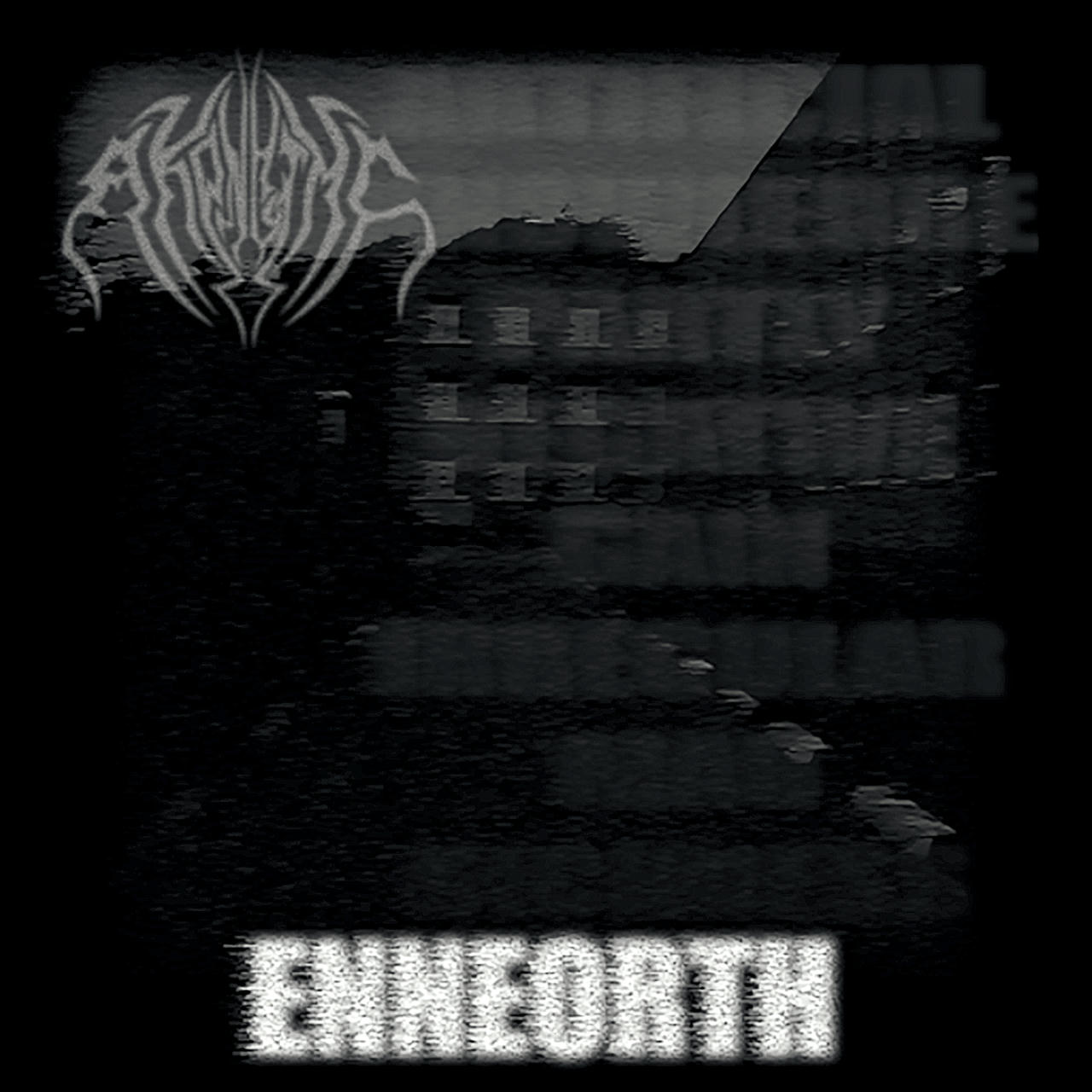 a black and white picture. it is very dark and low contrast, but one can see someting like a paved road and a building there. there are also illegible ghost letters all over the picture. the project logo is in the top left corner. the text at the bottom is smeared and bright white and reads 'ENNEORTH'.