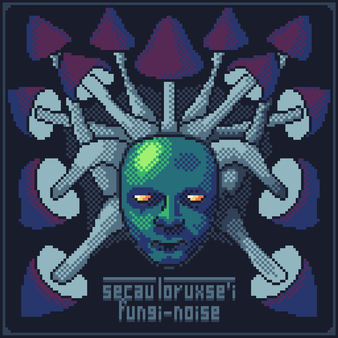 a pixel art drawing of a green human face with orange glowing eyes, mushrooms are growing outwards from it, like snakes on medusa's head.