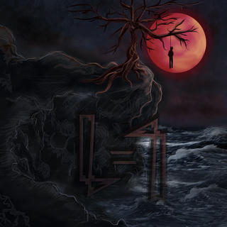 dark blue and dark purple tinted picture. there is a cliff next to the sea. on top of it there is a single dead tree with a human hanged on one of its branches. the blood moon is behind the human figure, adding to the dreaded atmosphere of the picture.